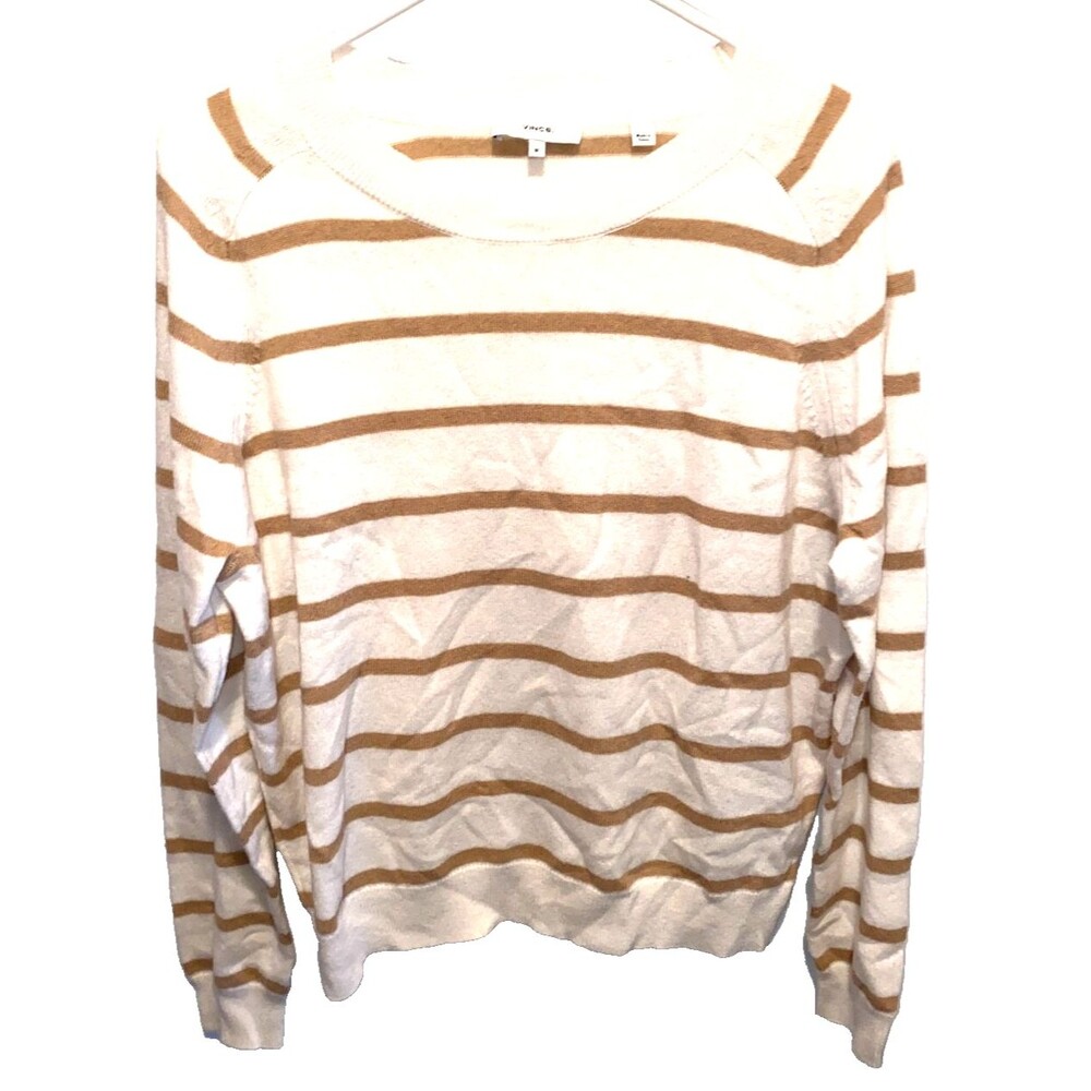 Vince Womens Striped Crew Neck Long Sleeve Fuzzy Sweater Top White Brown Size M